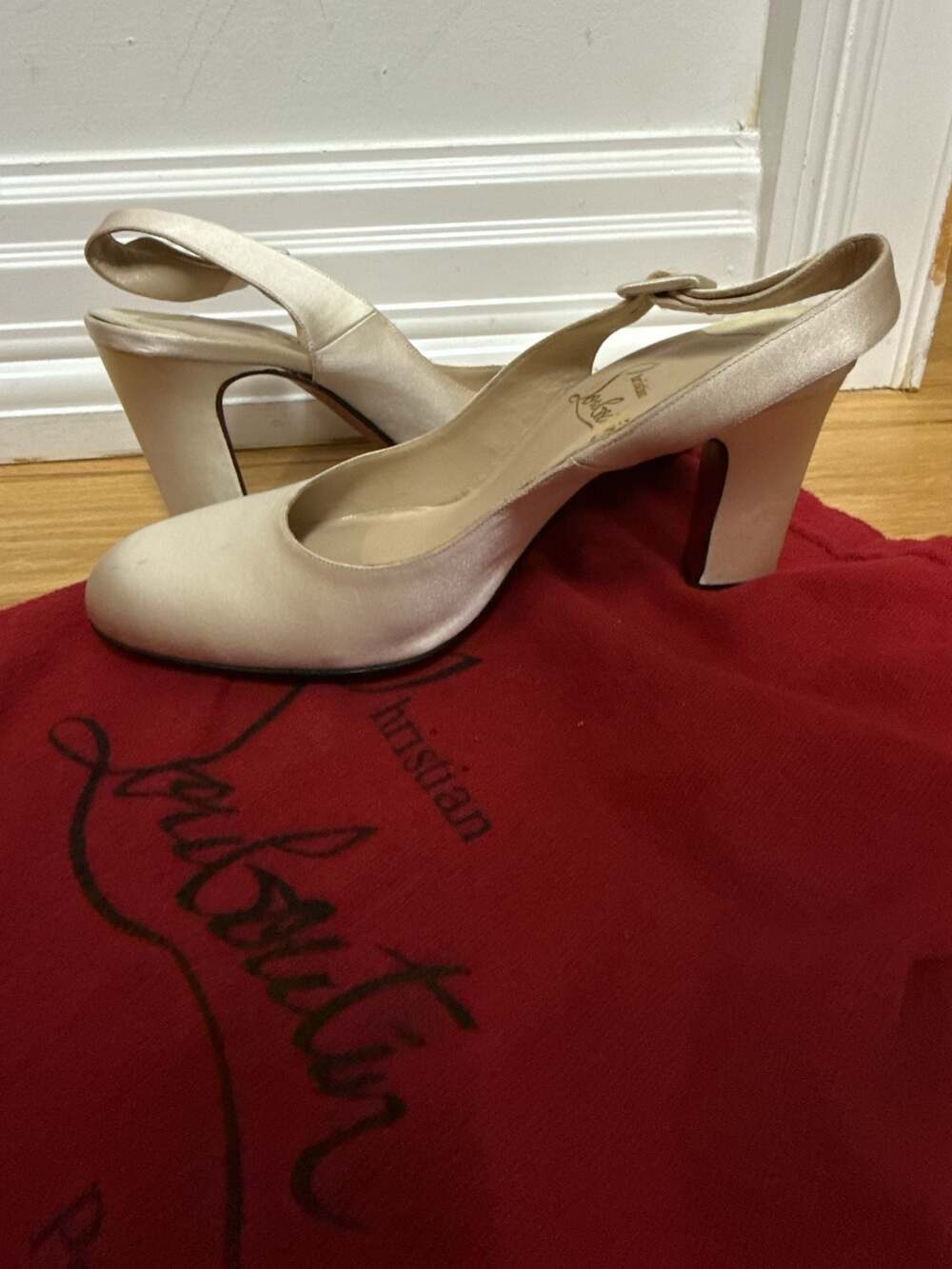 Christian Louboutin Cream Satin Slingback Pumps with Ankle Strap